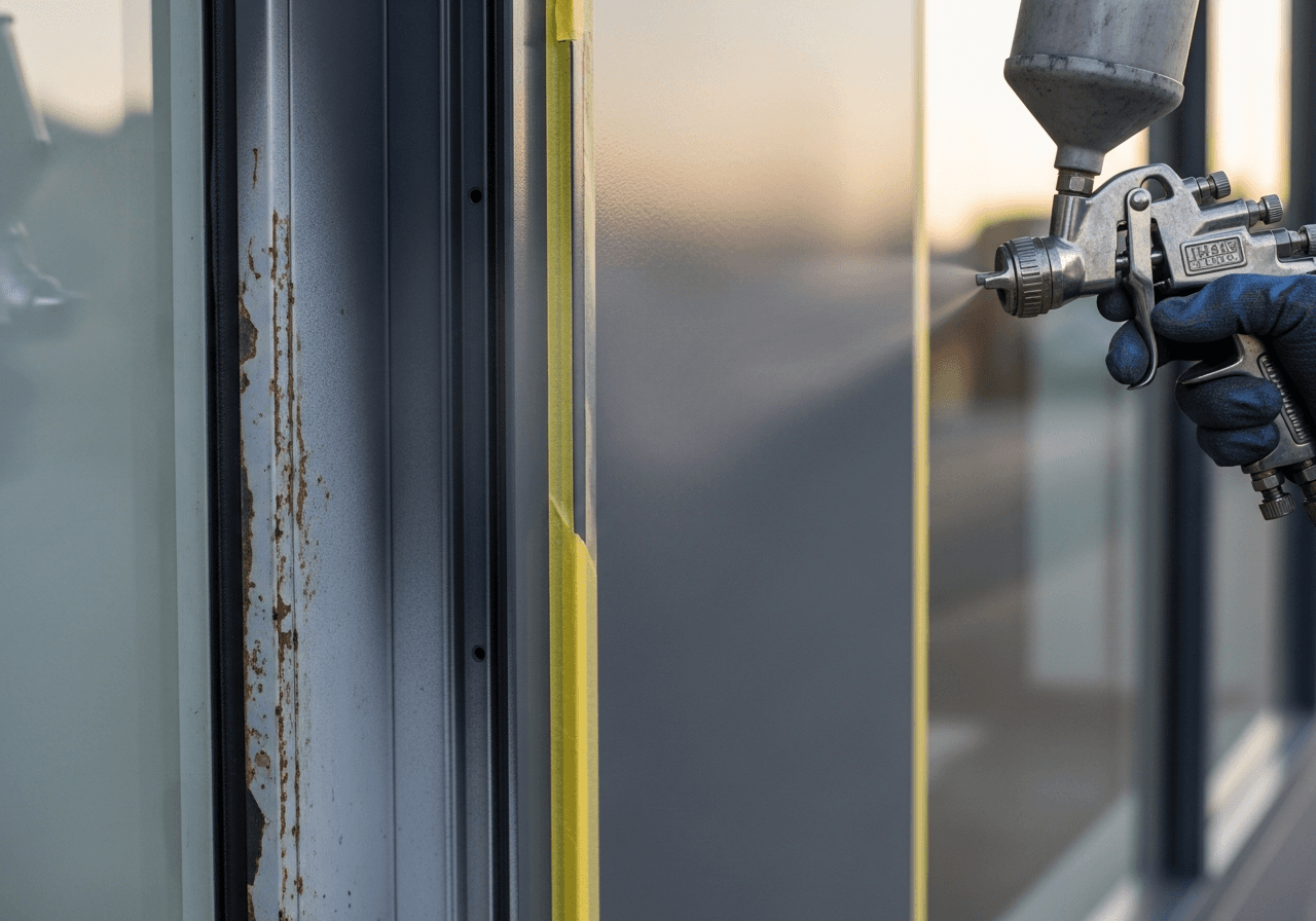 Aluminium curtain wall mid-respray. A Star Decorators
