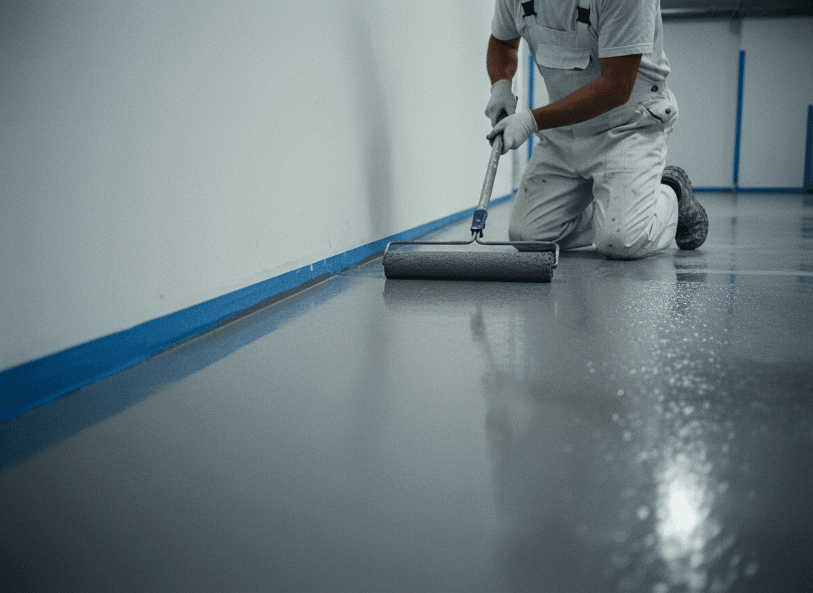 Warehouse resin floor coating being applied