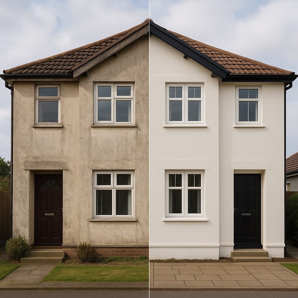Illustrative image of a rendered building before and after exterior painting