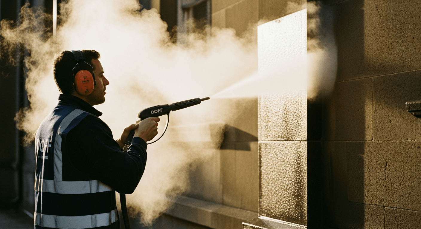 Facade cleaning with controlled water pressure